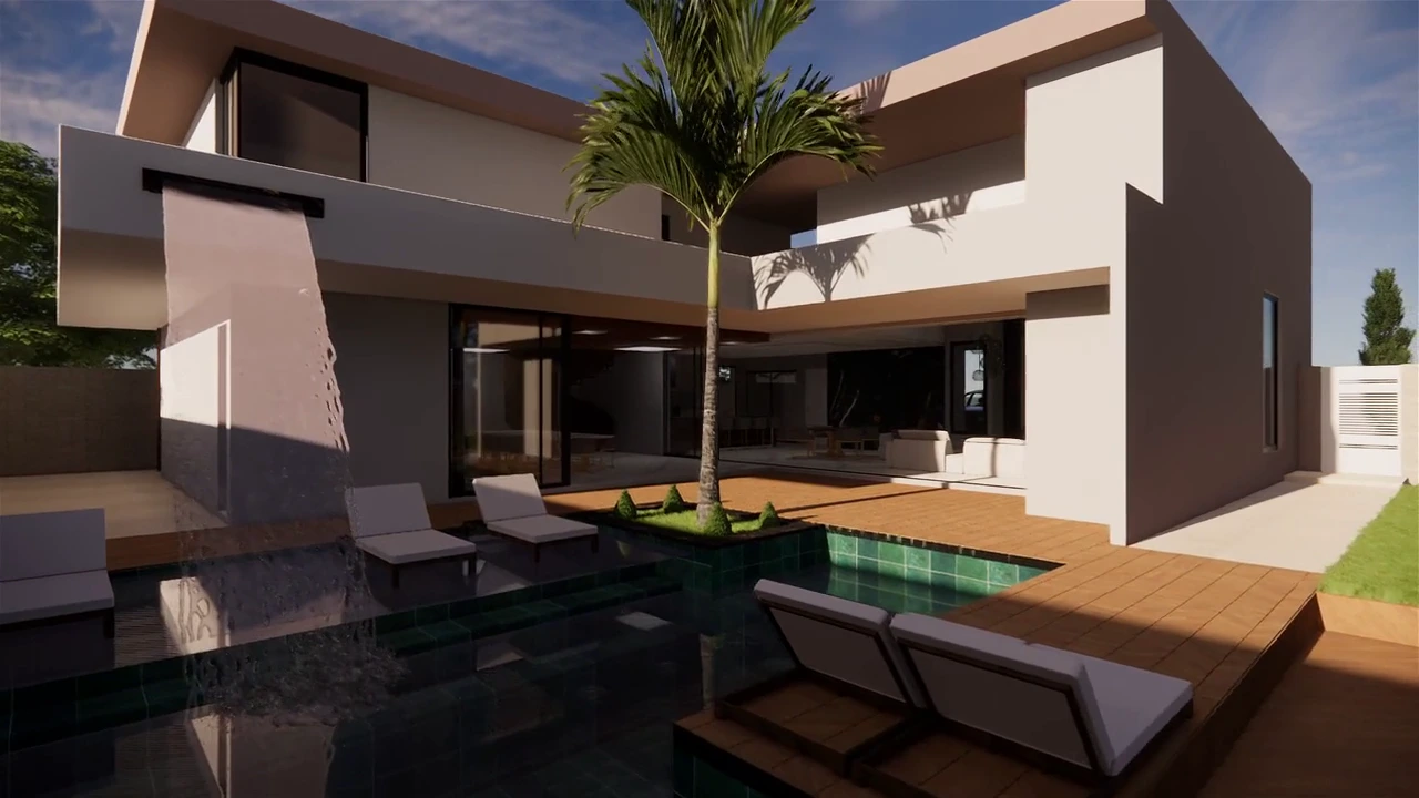 Representative modern residence interior and courtyard